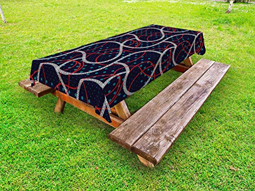 ABAKUHAUS Astratto Tovaglia da Esterno, Polka Dots Corde Graphic, Tovaglia da Picnic Lavabile Decorativa, 145 cm x 265 cm, Night Blue Vermilion