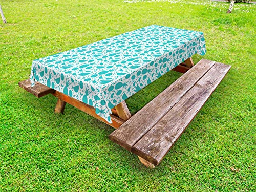 ABAKUHAUS Astratto Tovaglia da Esterno, Frutta esotica Polka Dots, Tovaglia da Picnic Lavabile Decorativa, 145 cm x 265 cm, Scuro Seafoam Bianco