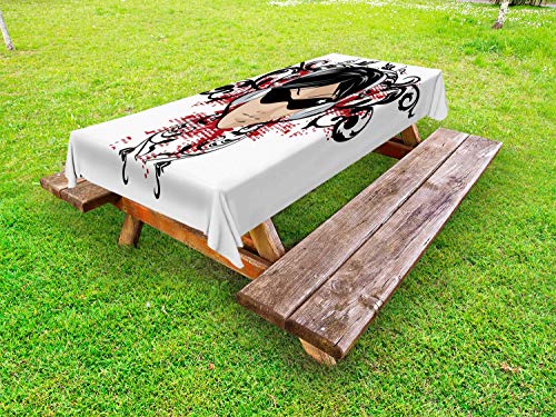 ABAKUHAUS Urban Art Tovaglia da Esterno, Raffreddare Ragazza in Cuffie, Tovaglia da Picnic Lavabile Decorativa, 145 cm x 305 cm, Carbonella Gray e Rubino