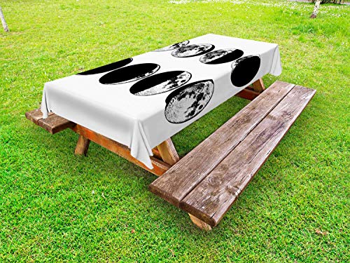 ABAKUHAUS Fase lunare Tovaglia da Esterno, Moves lunari astronomiche, Tovaglia da Picnic Lavabile Decorativa, 145 cm x 265 cm, Charcoal Grey And White