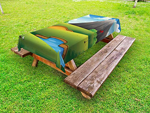 ABAKUHAUS Golf Scene da Golf Tovaglia da Esterno, Hills Pond Bandiere, Tovaglia da Picnic Lavabile Decorativa, 145 cm x 305 cm, Mela Verde Multicolor