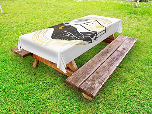 ABAKUHAUS Luna magia Tovaglia da Esterno, Luna e Sole Mani d'Arte, Tovaglia da Picnic Lavabile Decorativa, 145 cm x 265 cm, Senape e Talpa Grigio