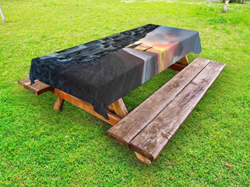 ABAKUHAUS Islanda Tovaglia da Esterno, Rocky Reynisdrangar Alba, Tovaglia da Picnic Lavabile Decorativa, 145 cm x 305 cm, Multicolore