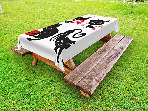 ABAKUHAUS Gatto e Topo Tovaglia da Esterno, Moda Loving Paris, Tovaglia da Picnic Lavabile Decorativa, 145 cm x 210 cm, Vermilion Dark Grey