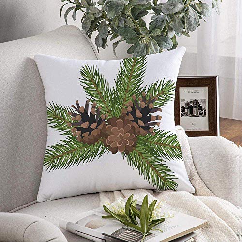 Kris.D Fodera per Cuscino Decorativo copriletto Ago Beige Abete Rami di Albero Coni Vacanze Pino Natura Ramoscello Marrone Natale Abete Invernale Botanico 18x18 Pollici