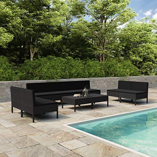 SKM Set Divani da Giardino 10 pz con Cuscini in Polyrattan Nero (62kg) Nero-6979