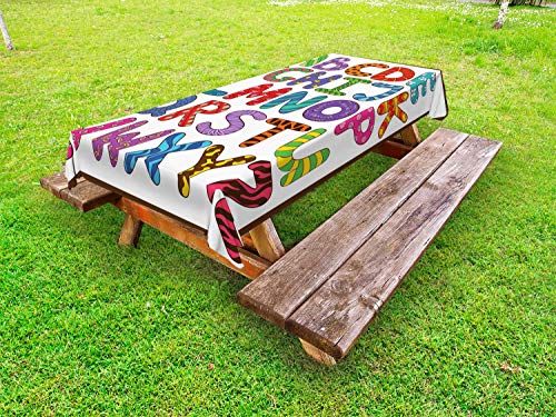 ABAKUHAUS Alfabeto Tovaglia da Esterno, Divertenti Lettere educativi, Tovaglia da Picnic Lavabile Decorativa, 145 cm x 265 cm, Multicolore