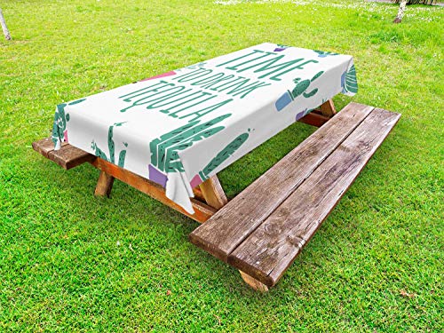 ABAKUHAUS Tequila Tovaglia da Esterno, Tempo di Bere Parole Cactus, Tovaglia da Picnic Lavabile Decorativa, 145 cm x 210 cm, Sea Green Multicolor