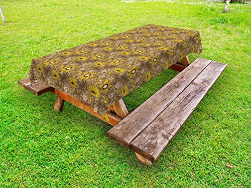 ABAKUHAUS Floreale Tovaglia da Esterno, Filiali Grafica Fiori, Tovaglia da Picnic Lavabile Decorativa, 145 cm x 265 cm, Tan Giallo Scuro