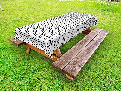 ABAKUHAUS Astratto Tovaglia da Esterno, Arrotondato Righe e Pois, Tovaglia da Picnic Lavabile Decorativa, 145 cm x 265 cm, Charcoal Grey Bianco