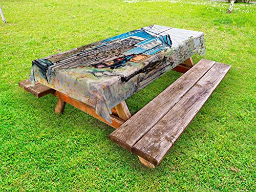 ABAKUHAUS Schizzo Tovaglia da Esterno, Hand Drawn Gli Esseri Umani e Casa, Tovaglia da Picnic Lavabile Decorativa, 145 cm x 265 cm, Multicolore