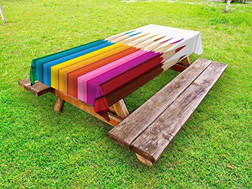 ABAKUHAUS Scuola Tovaglia da Esterno, Matite Colorate Macro Foto, Tovaglia da Picnic Lavabile Decorativa, 145 cm x 305 cm, Multicolore