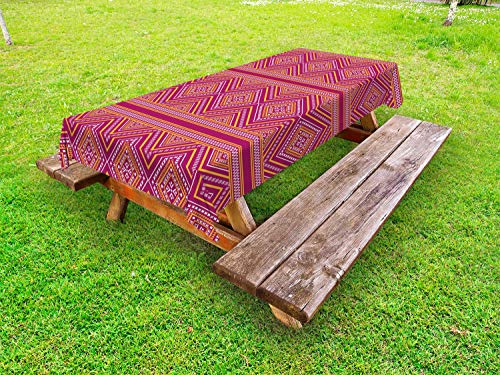 ABAKUHAUS Etnico Tovaglia da Esterno, Geometrica Bicolore Folk, Tovaglia da Picnic Lavabile Decorativa, 145 cm x 265 cm, Scuro Magenta Marigold
