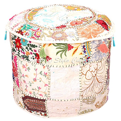 Stylo Culture Piede Sgabello E Pouf Copripiumino Ottomane Pouff Bianco Etnico Ricamato Patchwork Cotone Pouf Rotondo Classico Tessuto Rivestimento (16x16x13 Pollici) 40cm