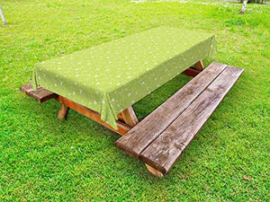 ABAKUHAUS Astratto Tovaglia da Esterno, Curlicue Fioriture di Fiori, Tovaglia da Picnic Lavabile Decorativa, 145 cm x 210 cm, Mela Verde Bianco