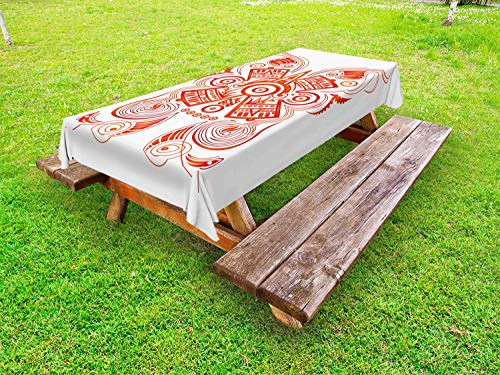 ABAKUHAUS Etnico Tovaglia da Esterno, Mayan Aztec Modello simbolico, Tovaglia da Picnic Lavabile Decorativa, 145 cm x 305 cm, Vermilion Bianco
