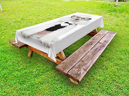 ABAKUHAUS Barboncino Tovaglia da Esterno, Groomed Doggie in Tuxedo, Tovaglia da Picnic Lavabile Decorativa, 145 cm x 305 cm, Bianco Grigio Scuro di Noce di Cocco