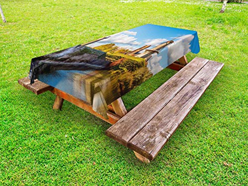 ABAKUHAUS Colorato Tovaglia da Esterno, Olandese Città di Woudrichem, Tovaglia da Picnic Lavabile Decorativa, 145 cm x 265 cm, Azzurro Blu Multicolor