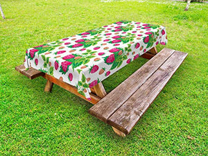 ABAKUHAUS Frutta Tovaglia da Esterno, Lamponi e Verde Foglie, Tovaglia da Picnic Lavabile Decorativa, 145 cm x 210 cm, Verde Magenta