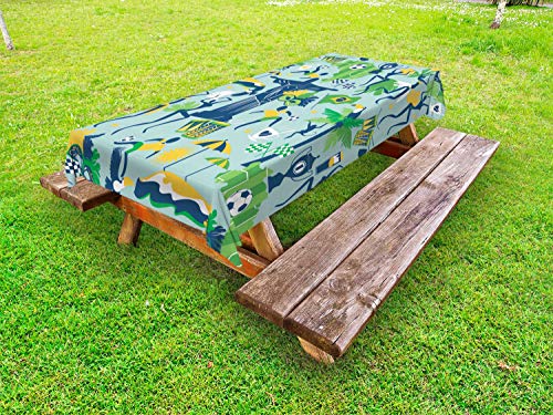 ABAKUHAUS Carnevale Tovaglia da Esterno, Tema del Brasile Culturale, Tovaglia da Picnic Lavabile Decorativa, 145 cm x 305 cm, Fern Verde Cielo Azzurro Scuro