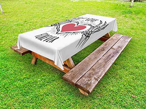 ABAKUHAUS Scheletro Tovaglia da Esterno, Spaventoso Mani Love Forever, Tovaglia da Picnic Lavabile Decorativa, 145 cm x 210 cm, Charcoal Grey Rosa