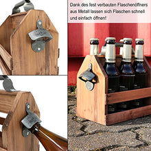 COM-FOUR® Portaborraccia in legno con apribottiglie in metallo e manico in metallo, 6 posti, portabottiglie per 6 bottiglie da 0,33 l (Senza iscrizione)