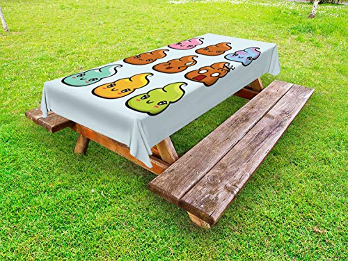 ABAKUHAUS Poop Emoticon Tovaglia da Esterno, Fumetto di Kawaii, Tovaglia da Picnic Lavabile Decorativa, 145 cm x 305 cm, Baby Blue e Multicolore