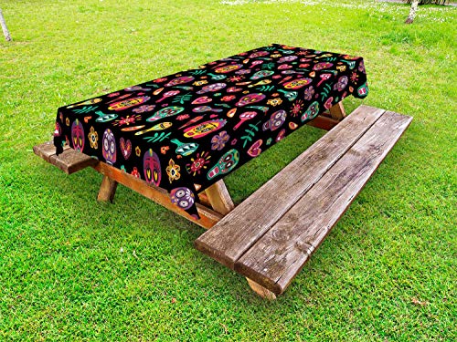 ABAKUHAUS Giorno della Morte Tovaglia da Esterno, Messicano Vivid, Tovaglia da Picnic Lavabile Decorativa, 145 cm x 210 cm, Charcoal Grigio Multicolore