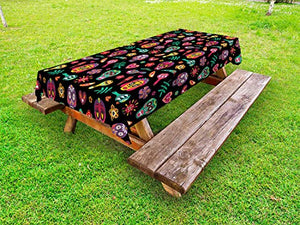 ABAKUHAUS Giorno della Morte Tovaglia da Esterno, Messicano Vivid, Tovaglia da Picnic Lavabile Decorativa, 145 cm x 210 cm, Charcoal Grigio Multicolore