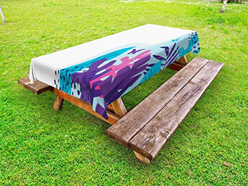 ABAKUHAUS Esotico Tovaglia da Esterno, Farfalle Foglie e Macchie, Tovaglia da Picnic Lavabile Decorativa, 145 cm x 305 cm, Blue Sky Multicolor