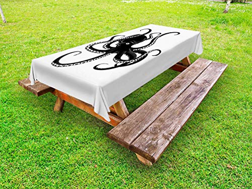 ABAKUHAUS Polpo Tovaglia da Esterno, Mare Animale Pronto per l'attacco, Tovaglia da Picnic Lavabile Decorativa, 145 cm x 265 cm, Bianco Charcoal Grey