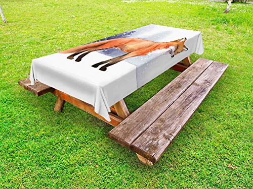 ABAKUHAUS Volpe Tovaglia da Esterno, Vista Laterale Pittura Neve Animal, Tovaglia da Picnic Lavabile Decorativa, 145 cm x 305 cm, Indigo Arancione Bruciato