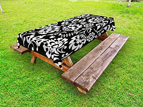 ABAKUHAUS Arte Popolare Tovaglia da Esterno, Polacco botanico Motivi, Tovaglia da Picnic Lavabile Decorativa, 145 cm x 210 cm, Charcoal Grey Bianco