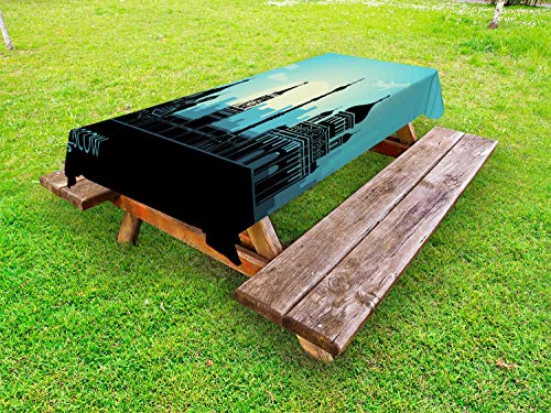ABAKUHAUS Russo Tovaglia da Esterno, Moscow City Line Skyline, Tovaglia da Picnic Lavabile Decorativa, 145 cm x 210 cm, Carbonella Grey Seafoam