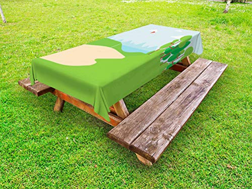 ABAKUHAUS Golf Scene da Golf Tovaglia da Esterno, Flag Alberi Campo, Tovaglia da Picnic Lavabile Decorativa, 145 cm x 210 cm, Lime Green Pale Blue