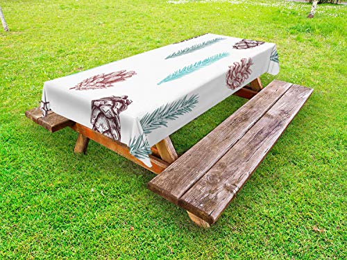 ABAKUHAUS Sempreverde Tovaglia da Esterno, Coni e Filiali Design, Tovaglia da Picnic Lavabile Decorativa, 145 cm x 210 cm, Bianco e Multicolore