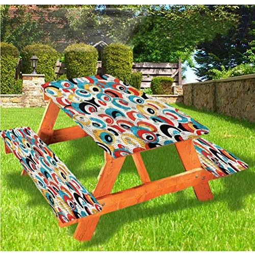 LEWIS FRANKLIN Tenda da doccia Psichedelica Picnic Tavolo e Panchina, Tovaglia con angoli elasticizzati Retrò Evil Eyes, 60 x 170 cm, Set di 3 pezzi per tavolo pieghevole