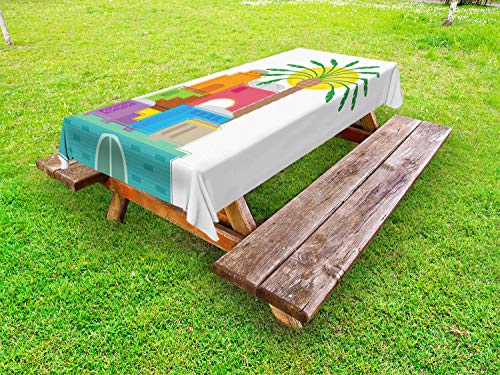 ABAKUHAUS Città Orientale Tovaglia da Esterno, Costruzioni variopinte Sun, Tovaglia da Picnic Lavabile Decorativa, 145 cm x 210 cm, Multicolore