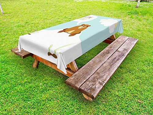 ABAKUHAUS Groundhog Day Collection Tovaglia da Esterno, Welcome Spring Marmot, Tovaglia da Picnic Lavabile Decorativa, 145 cm x 210 cm, Pale Blue Ginger Bianco