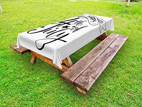 ABAKUHAUS Quattro luglio Tovaglia da Esterno, Le Lettere e Un Nastro, Tovaglia da Picnic Lavabile Decorativa, 145 cm x 265 cm, Charcoal Grey And White