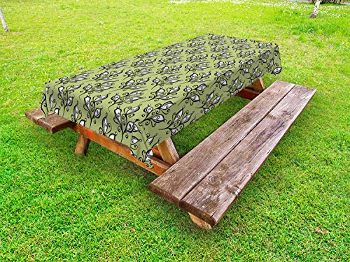 ABAKUHAUS Astratto Tovaglia da Esterno, Frondoso Motif con Curlicue, Tovaglia da Picnic Lavabile Decorativa, 145 cm x 265 cm, Verde Evergreen
