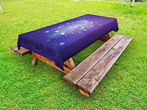 ABAKUHAUS Occulto Tovaglia da Esterno, Occhio Mistico e Ornamenti d'Arte, Tovaglia da Picnic Lavabile Decorativa, 145 cm x 305 cm, Indigo Pale Blue