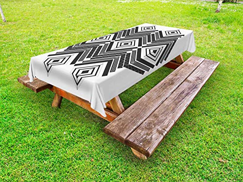 ABAKUHAUS Astratto Tovaglia da Esterno, Monochrome Lines, Tovaglia da Picnic Lavabile Decorativa, 145 cm x 305 cm, Grigio Scuro e Bianco