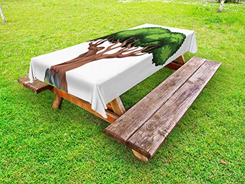 ABAKUHAUS Albero Tovaglia da Esterno, Cartoon Style Foresta Element, Tovaglia da Picnic Lavabile Decorativa, 145 cm x 210 cm, Verde Marrone Bianco