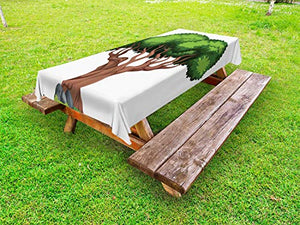ABAKUHAUS Albero Tovaglia da Esterno, Cartoon Style Foresta Element, Tovaglia da Picnic Lavabile Decorativa, 145 cm x 210 cm, Verde Marrone Bianco