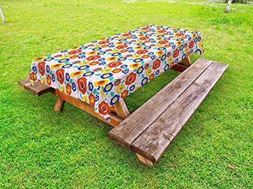ABAKUHAUS Floreale Tovaglia da Esterno, Fiori in Toni Colorati, Tovaglia da Picnic Lavabile Decorativa, 145 cm x 210 cm, Vermilion e Multicolore