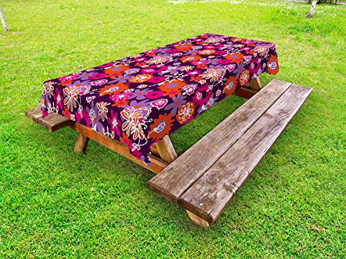 ABAKUHAUS Floreale Tovaglia da Esterno, Retro Style Fiori della Sorgente, Tovaglia da Picnic Lavabile Decorativa, 145 cm x 210 cm, Dark Purple Magenta