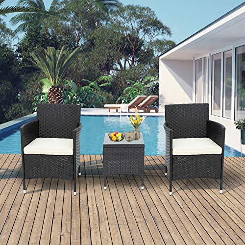 Pectt - Set di 3 sedie in vimini di rattan, con cuscini spessi e tavolino in vetro, per esterni, per giardino, cortile, portico