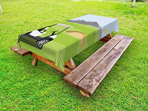ABAKUHAUS Golf Scene da Golf Tovaglia da Esterno, Auto Campo Bandiera, Tovaglia da Picnic Lavabile Decorativa, 145 cm x 265 cm, Lime Green Multicolor