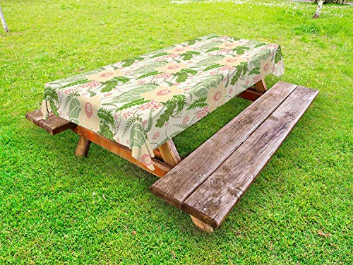 ABAKUHAUS Floreale Tovaglia da Esterno, Vintage Fiori Pointy Petalo, Tovaglia da Picnic Lavabile Decorativa, 145 cm x 265 cm, Crema Pistacchio Verde